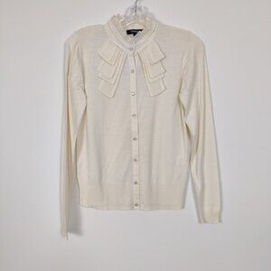 Dérique Cream Ruffle Front Button Up Cardigan Size Medium Silk Cotton Old Money